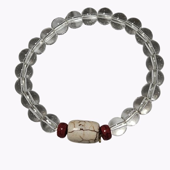Classic Retro Beaded Stretch Bracelet Barrel Red Clear Beads Fashion Jewelry - Picture 1 of 3